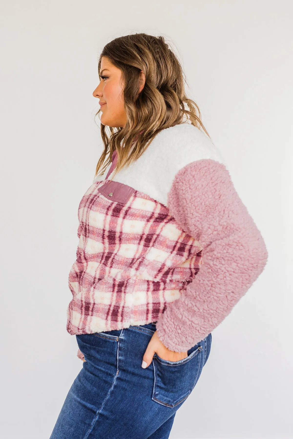 Happy Life Sherpa Sweater - Pink Ivory