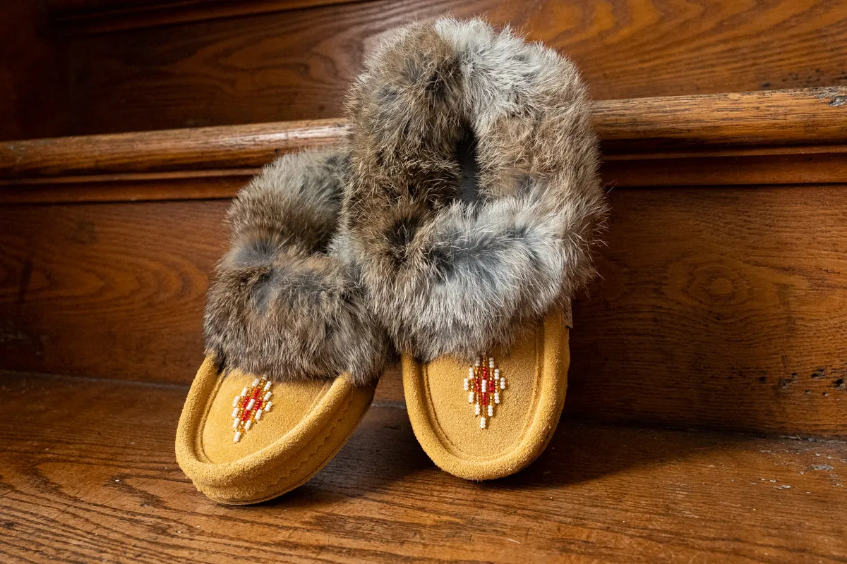 Junior Rabbit Fur Moccasins with Suede and Fleece Lining