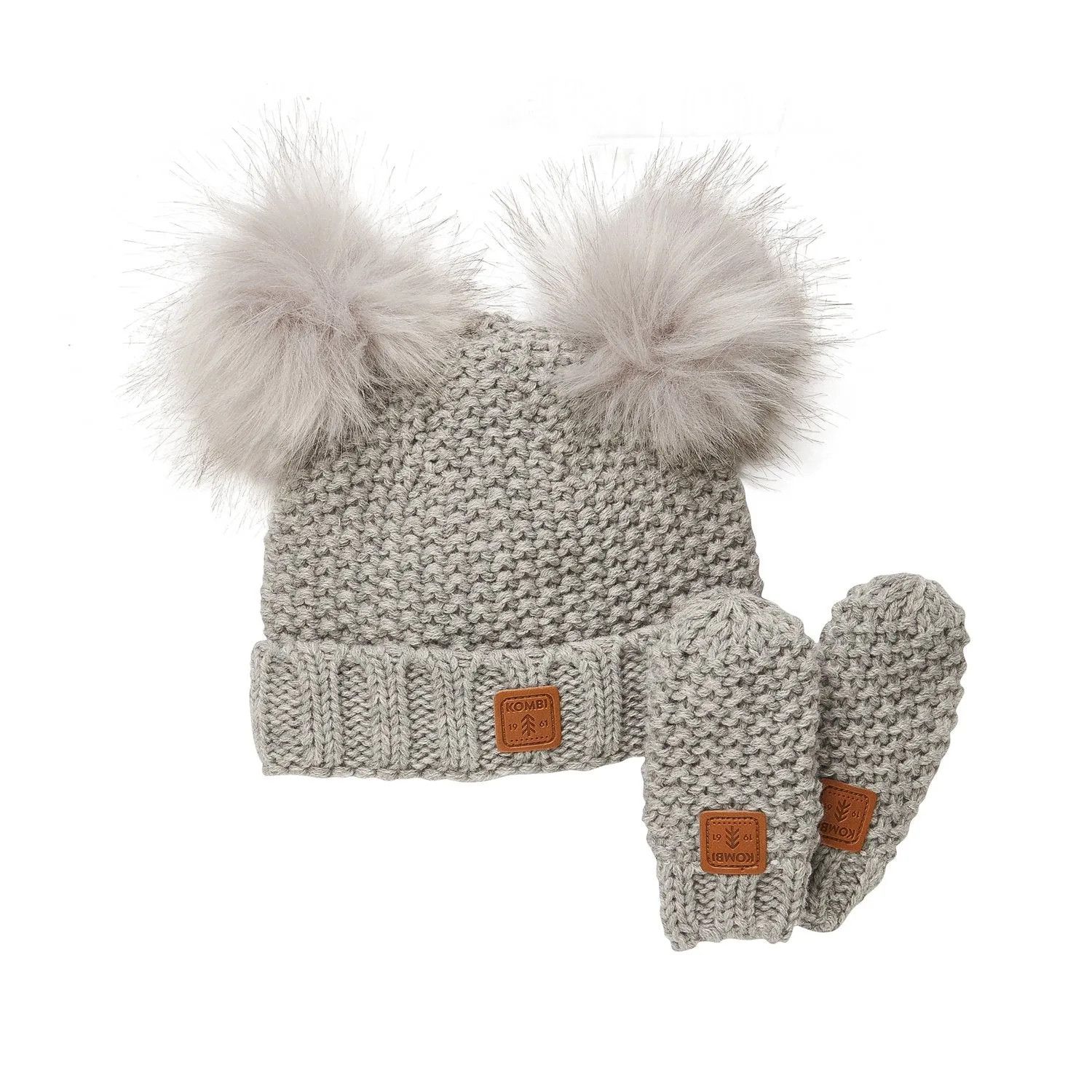 Kombi Light Heather Grey Cute Knit Baby Hat/Mittens Set