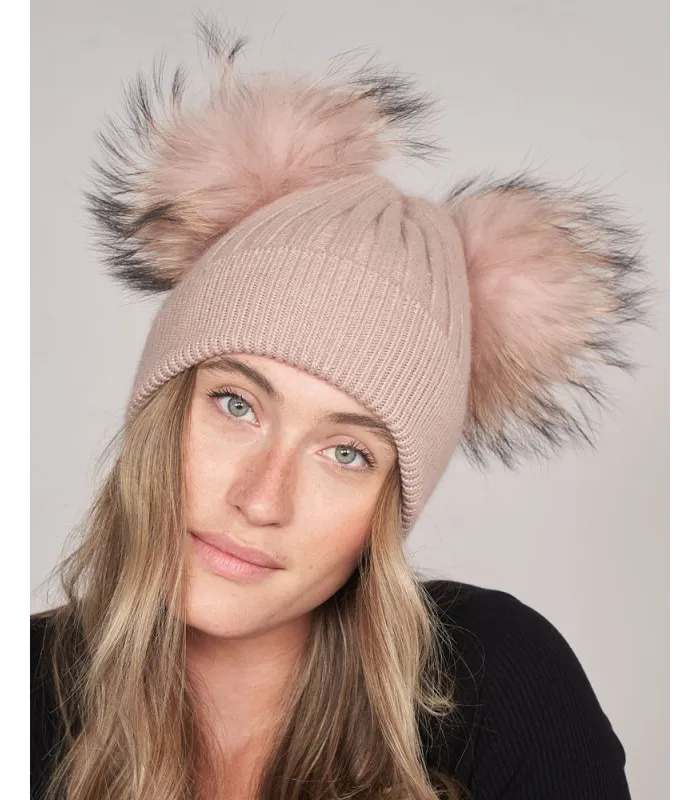 Ky Double Pom Pom Beanie hat in Petal: FurHatWorld.com