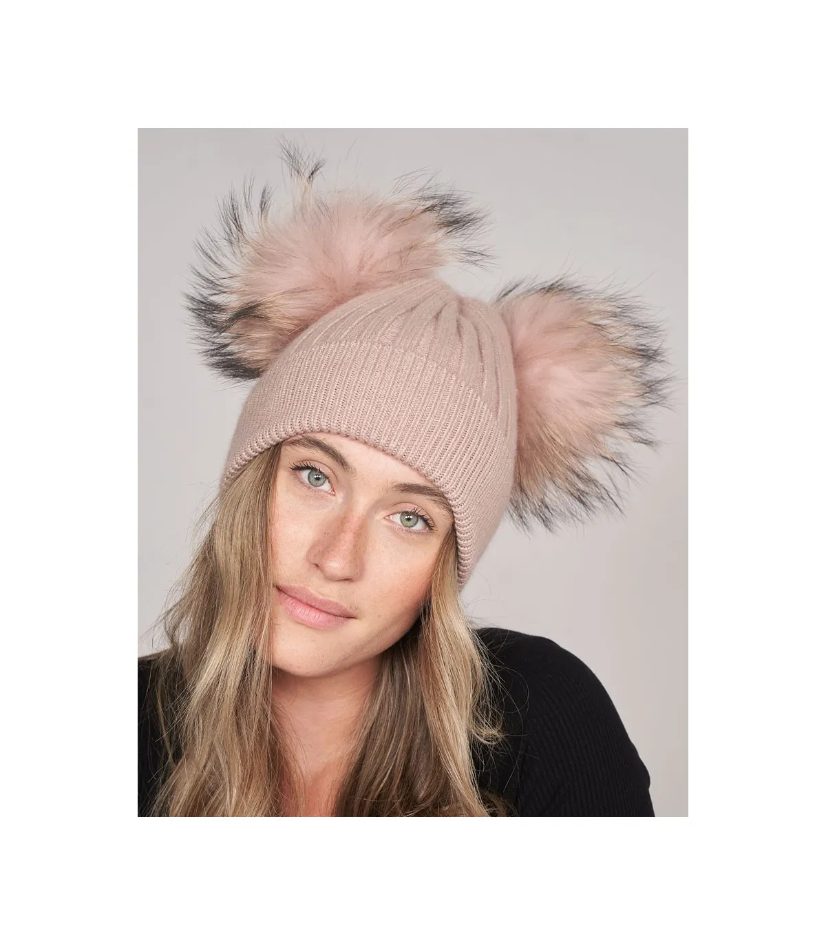 Ky Double Pom Pom Beanie hat in Petal: FurHatWorld.com