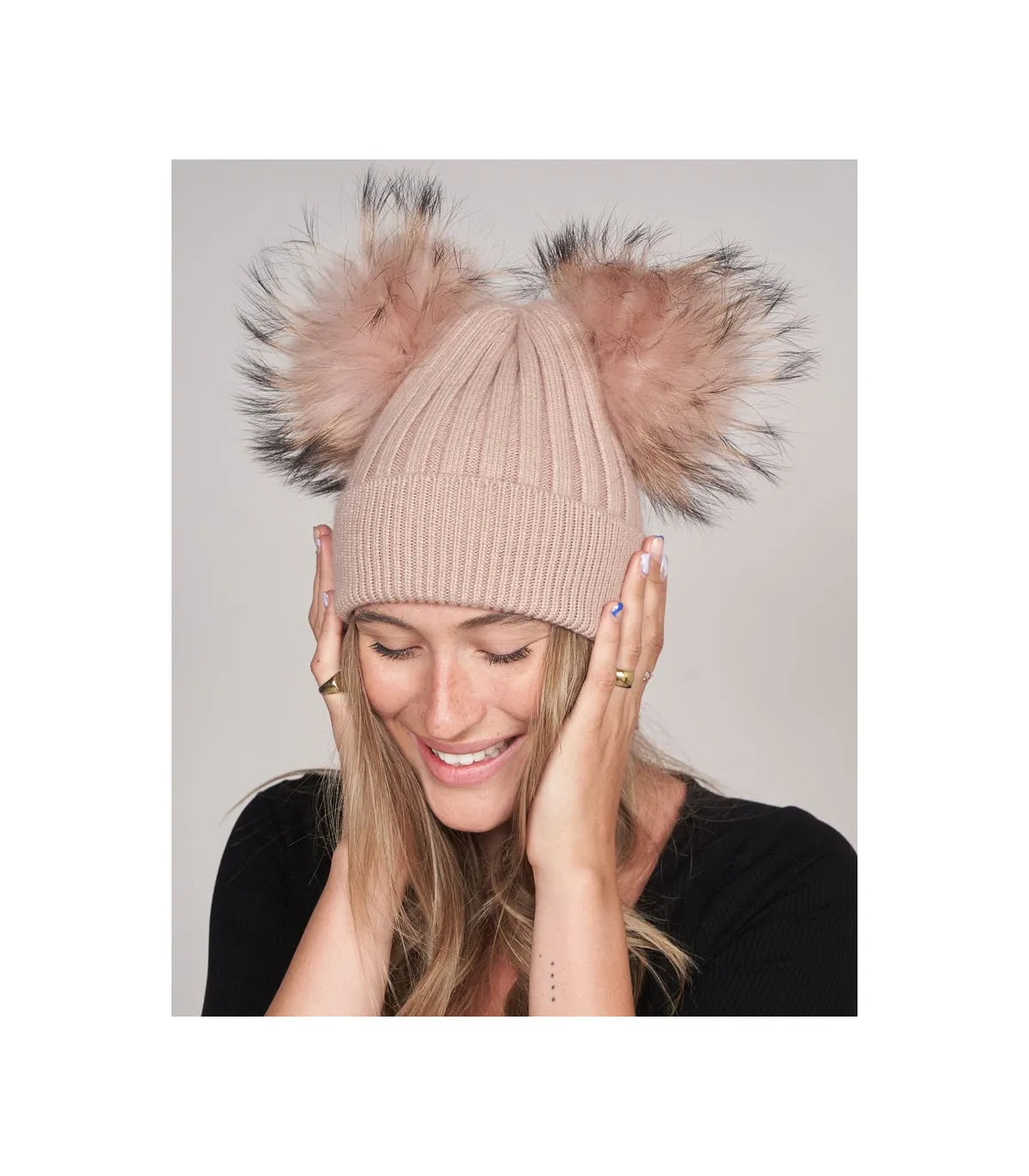 Ky Double Pom Pom Beanie hat in Petal: FurHatWorld.com