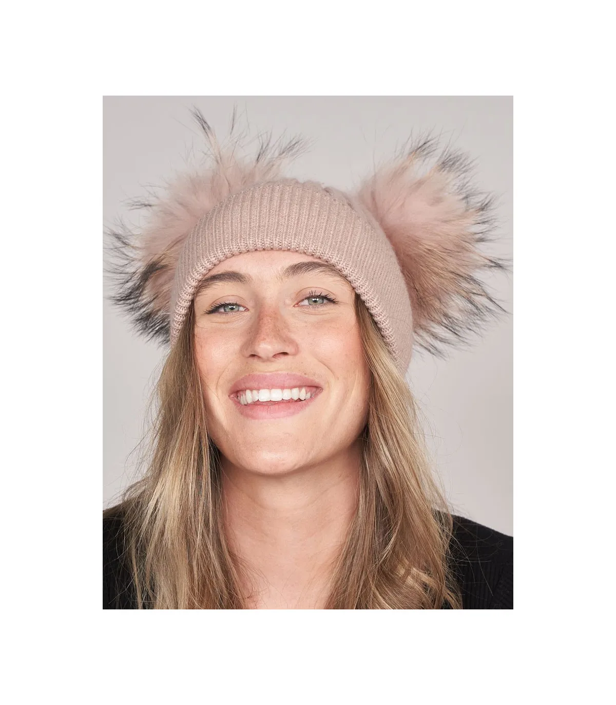 Ky Double Pom Pom Beanie hat in Petal: FurHatWorld.com