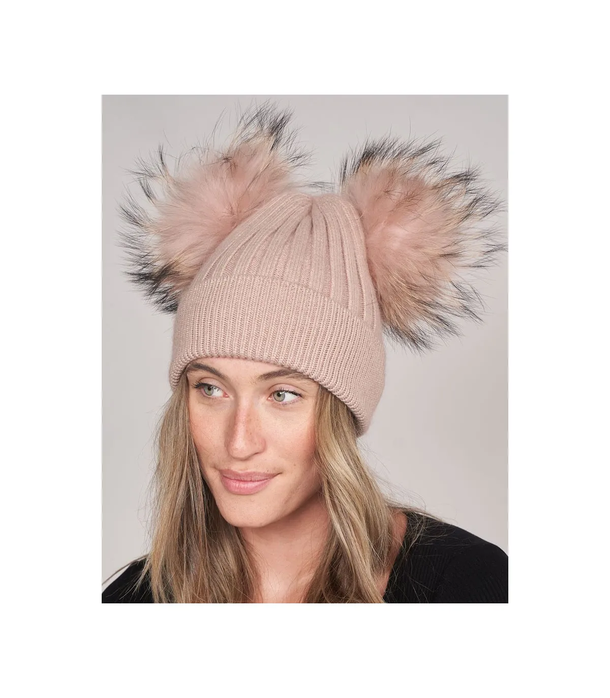 Ky Double Pom Pom Beanie hat in Petal: FurHatWorld.com