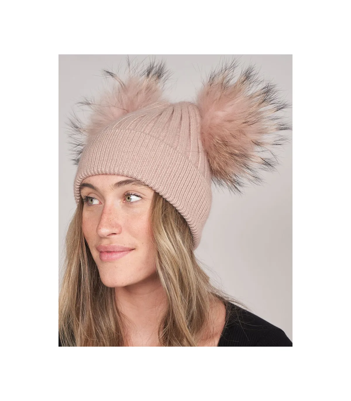 Ky Double Pom Pom Beanie hat in Petal: FurHatWorld.com