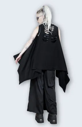 Leather rib cage cardigan vest with slashed strap.