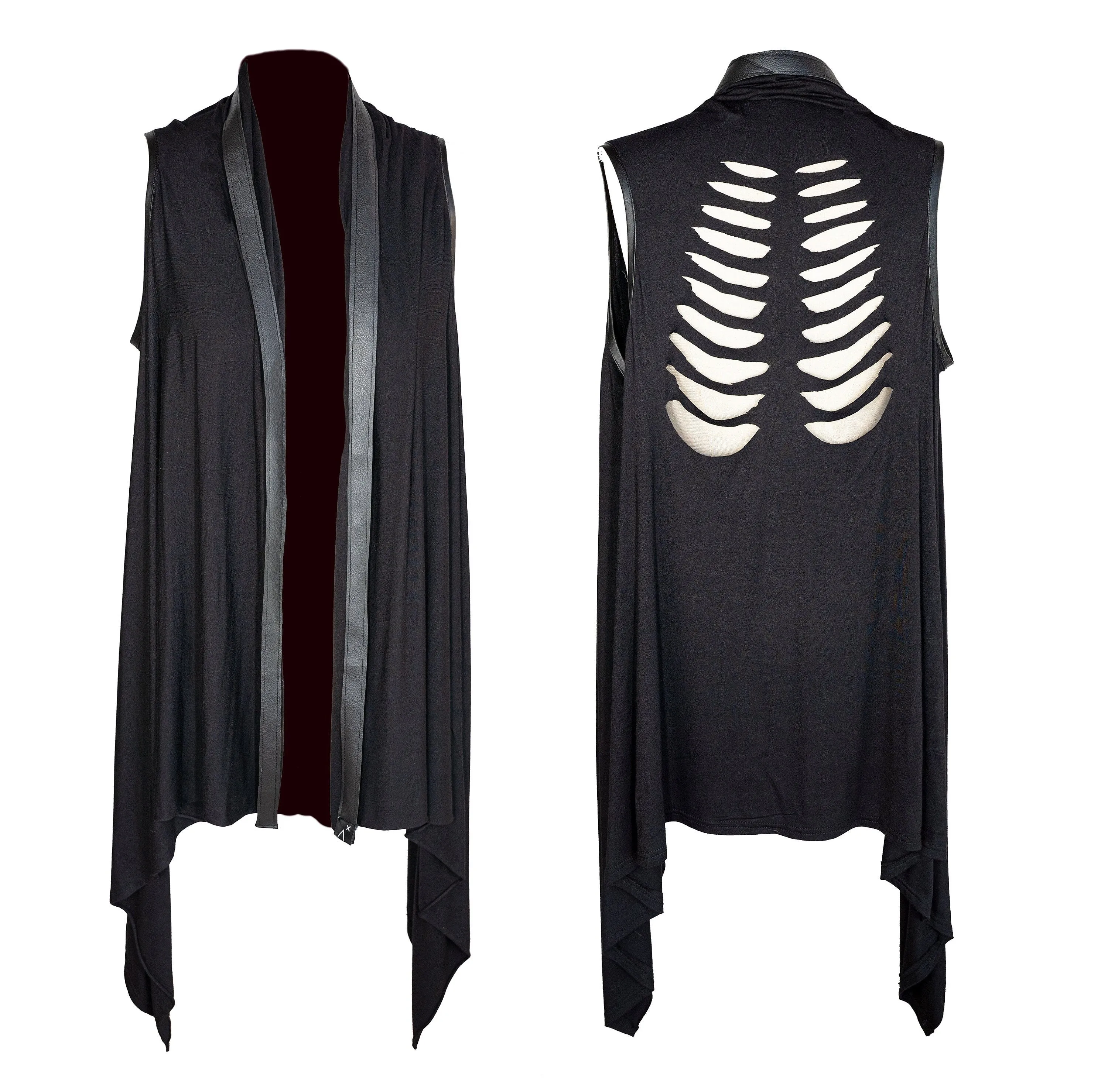 Leather rib cage cardigan vest with slashed strap.