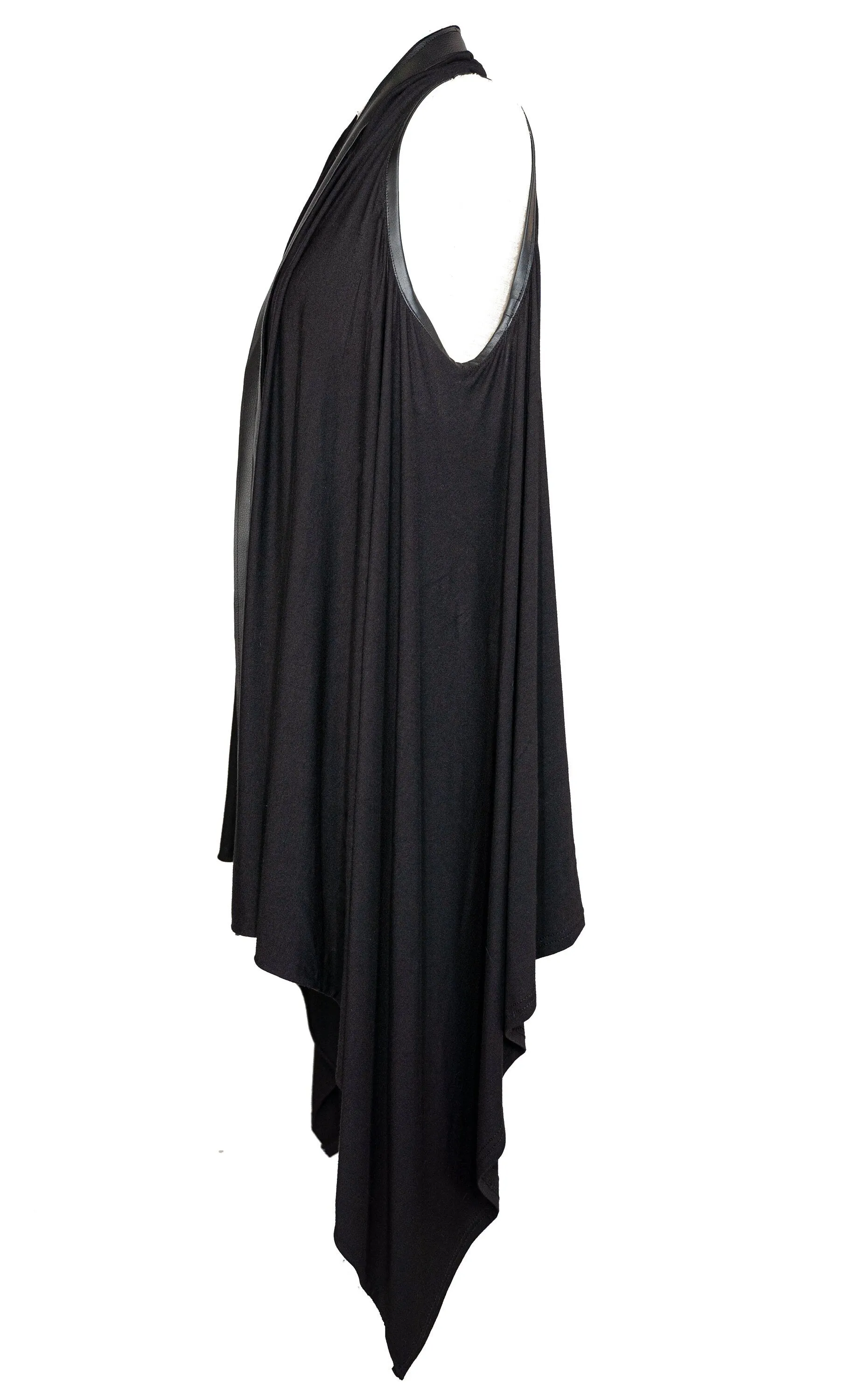 Leather rib cage cardigan vest with slashed strap.