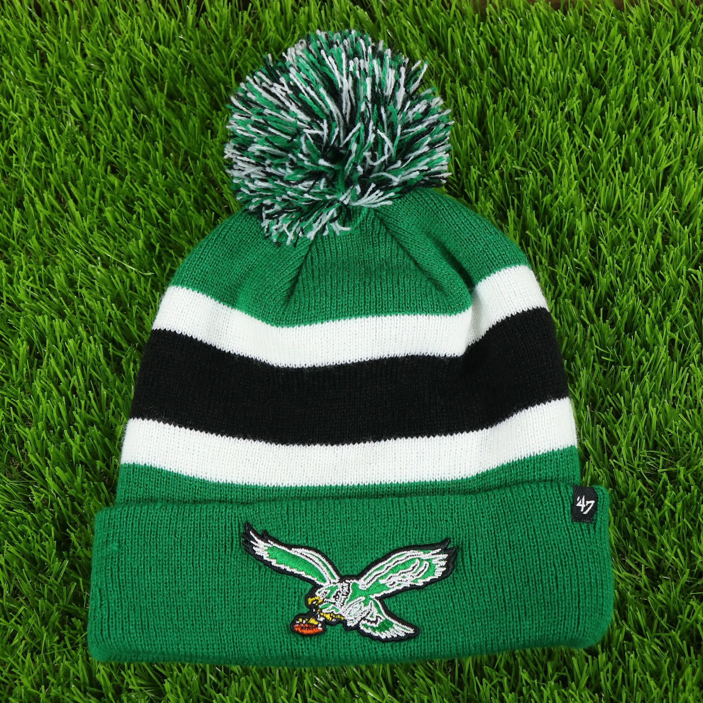 Legacy Philadelphia Eagles Kelly Green Logo Striped Winter Beanie With Pom Pom - Winter Hat