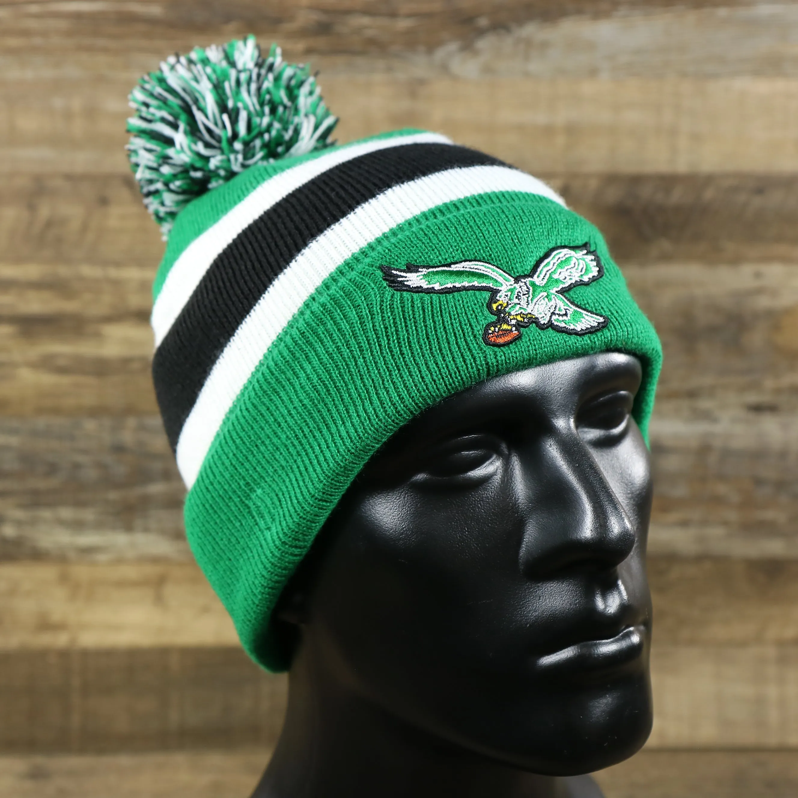 Legacy Philadelphia Eagles Kelly Green Logo Striped Winter Beanie With Pom Pom - Winter Hat