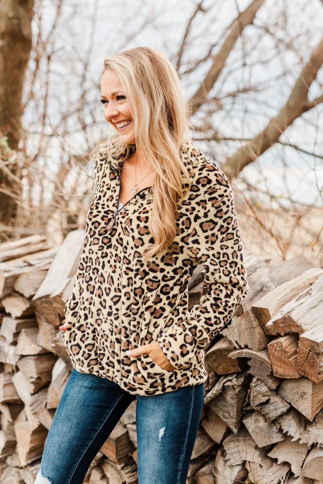 Leopard Sherpa Quarter Zip - Neutral