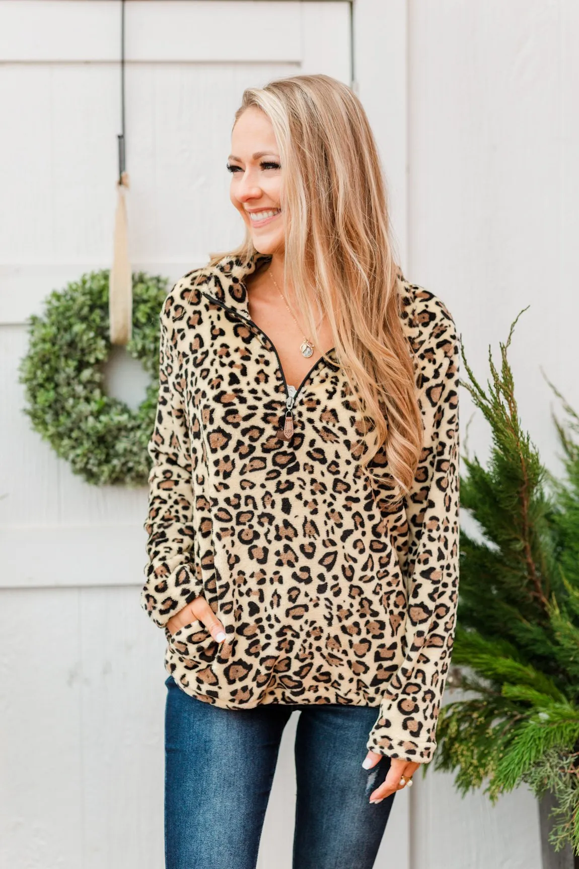 Leopard Sherpa Quarter Zip - Neutral