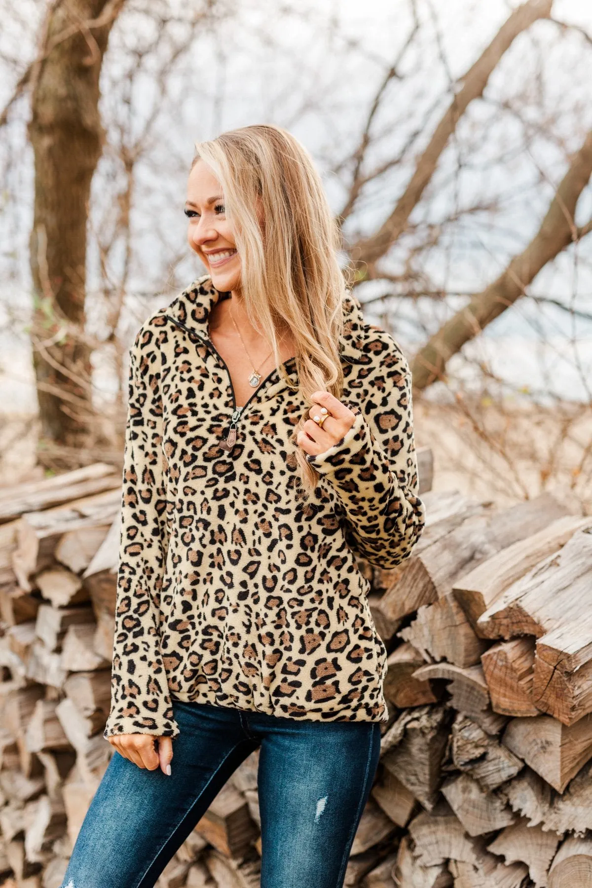 Leopard Sherpa Quarter Zip - Neutral