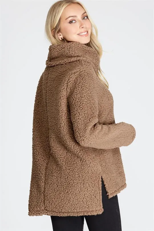 Long sleeve cowl neck sherpa knit top