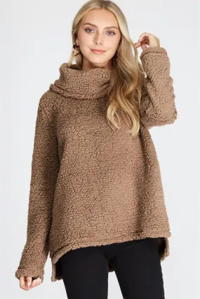 Long sleeve cowl neck sherpa knit top