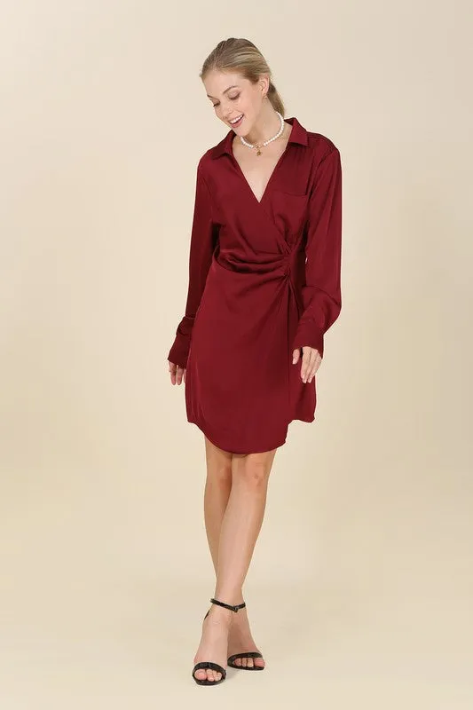 Long-Sleeved Satin Collared Wrap Mini Dress