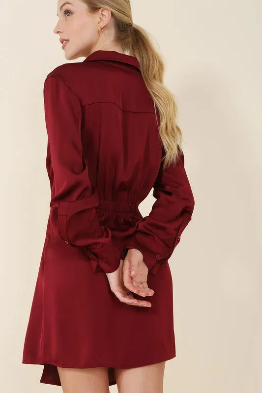 Long-Sleeved Satin Collared Wrap Mini Dress