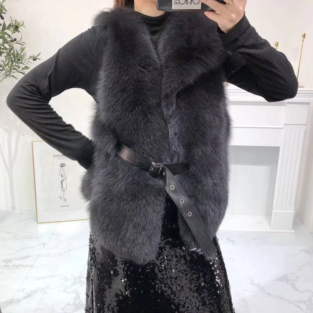 Luxurious Fox Fur Vest With Leather Belt