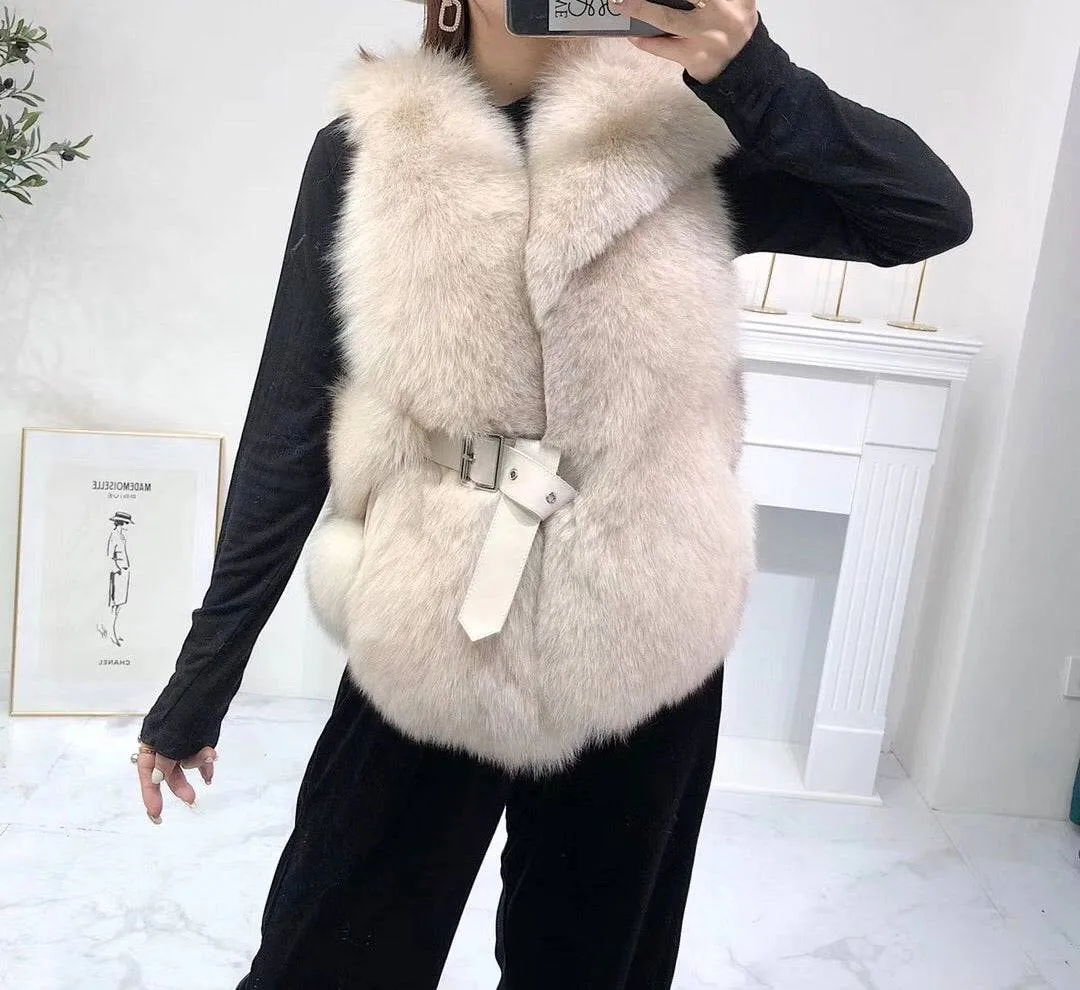 Luxurious Fox Fur Vest With Leather Belt