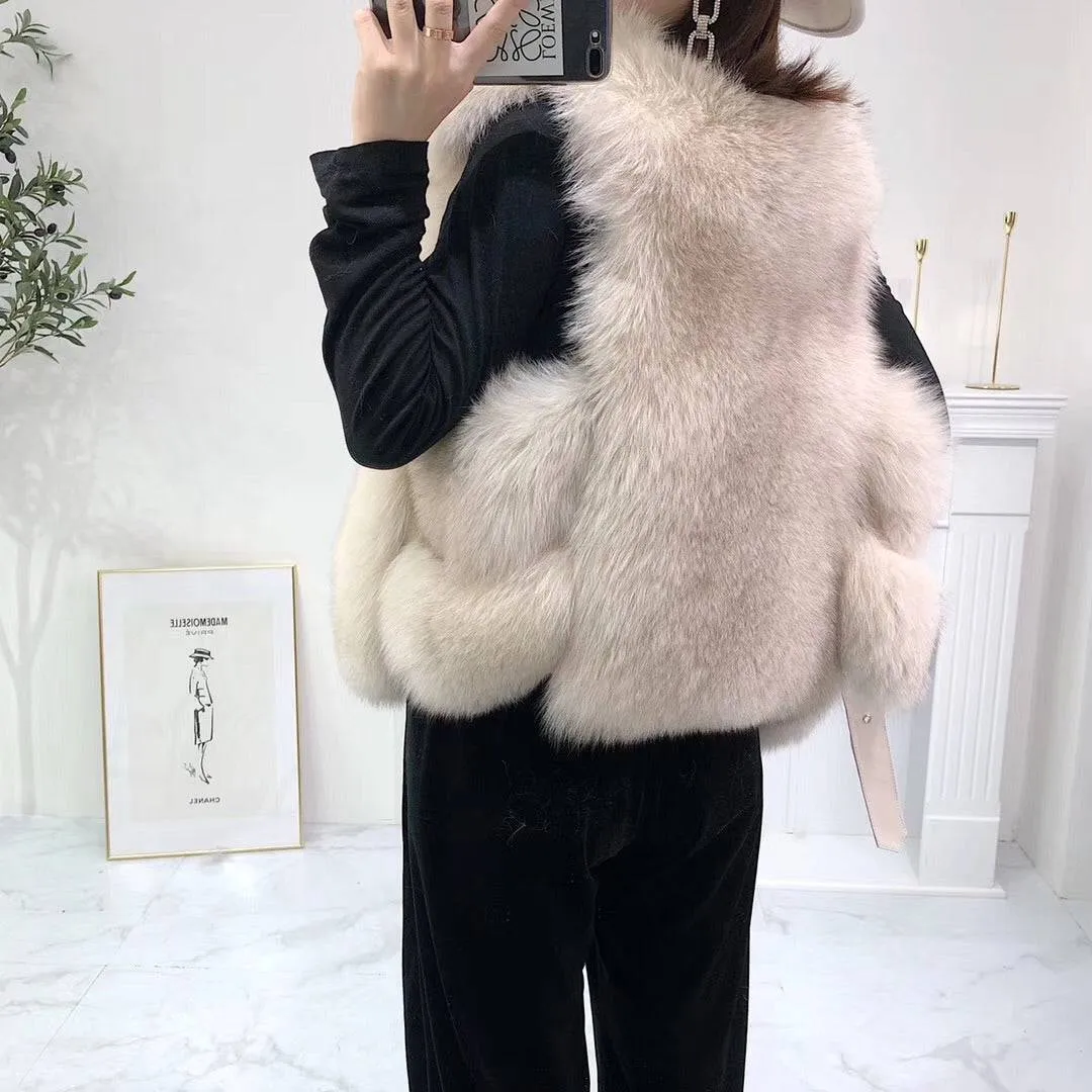 Luxurious Fox Fur Vest With Leather Belt