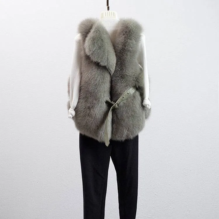 Luxurious Fox Fur Vest With Leather Belt