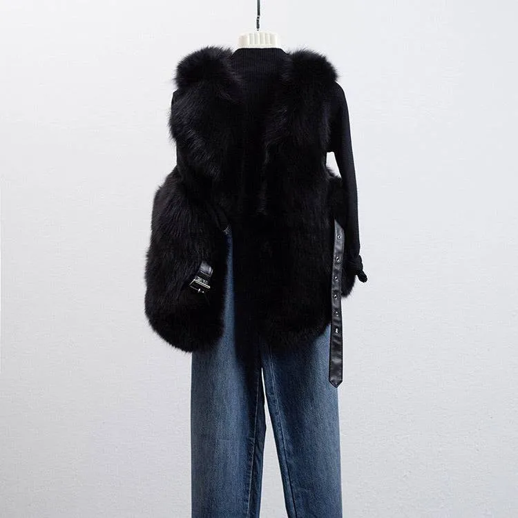 Luxurious Fox Fur Vest With Leather Belt