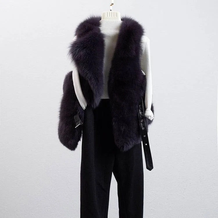 Luxurious Fox Fur Vest With Leather Belt