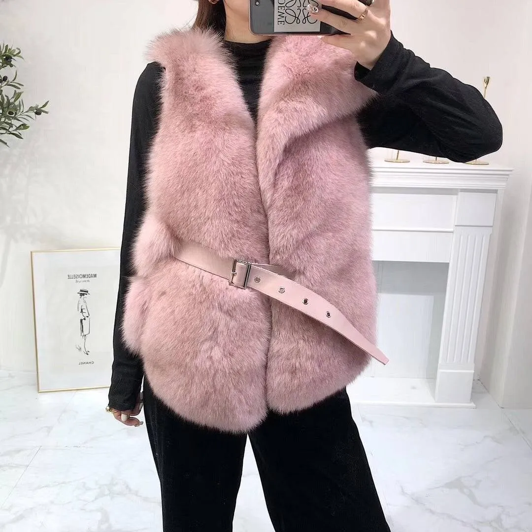 Luxurious Fox Fur Vest With Leather Belt