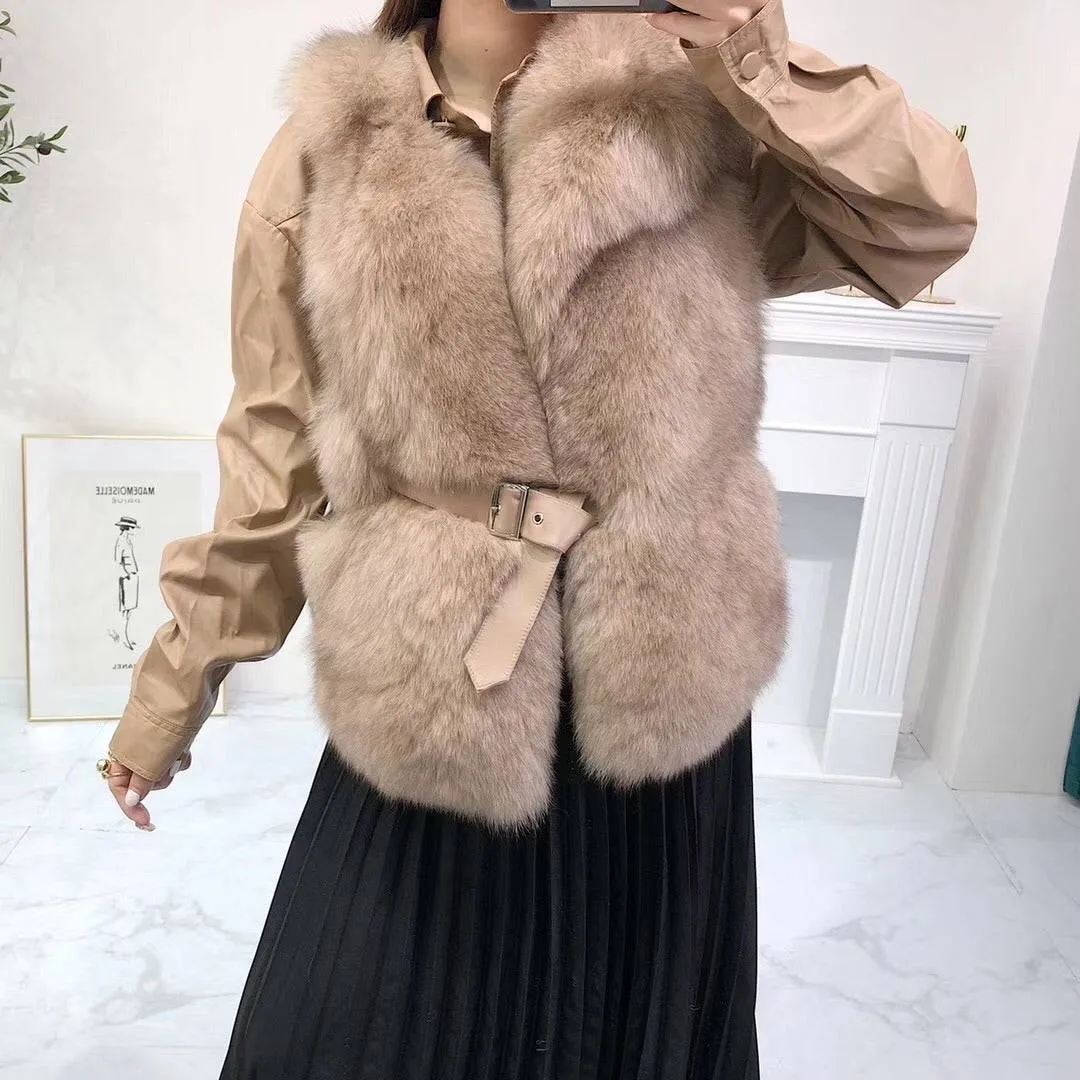 Luxurious Fox Fur Vest With Leather Belt