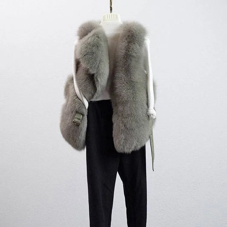 Luxurious Fox Fur Vest With Leather Belt