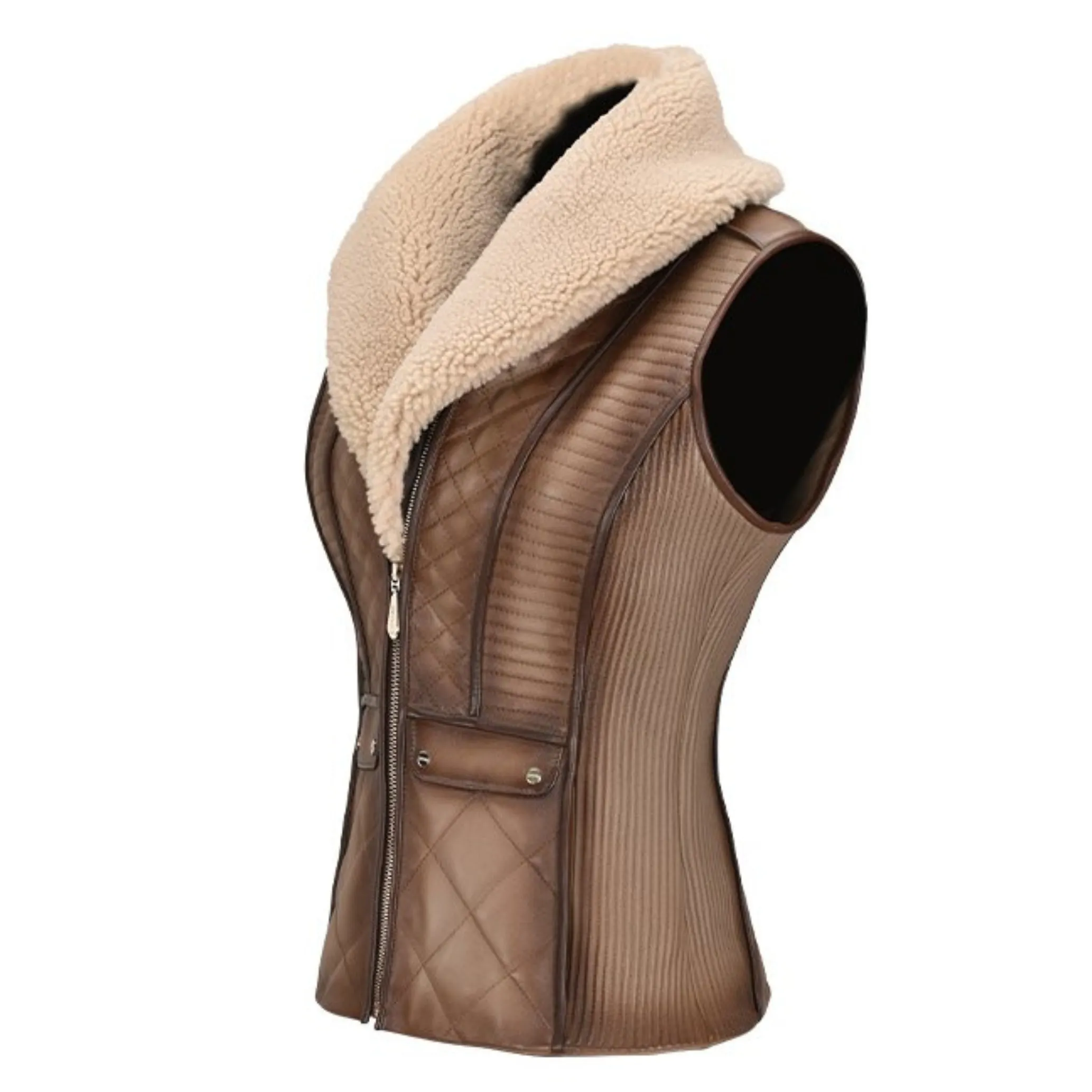 M301BOB - Cuadra brown women's shearling vest in casual quilted sheepskin leather.