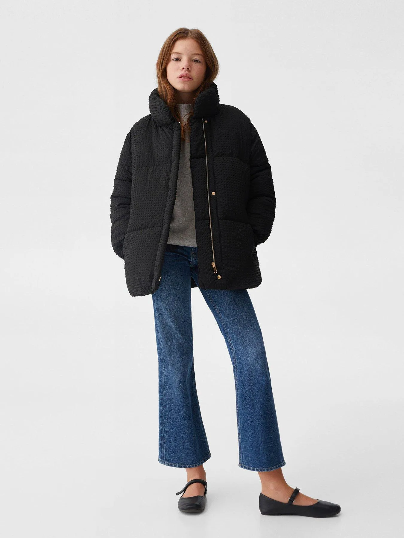 Mango Girls Textured Funnel Neck Padded Coat - Black