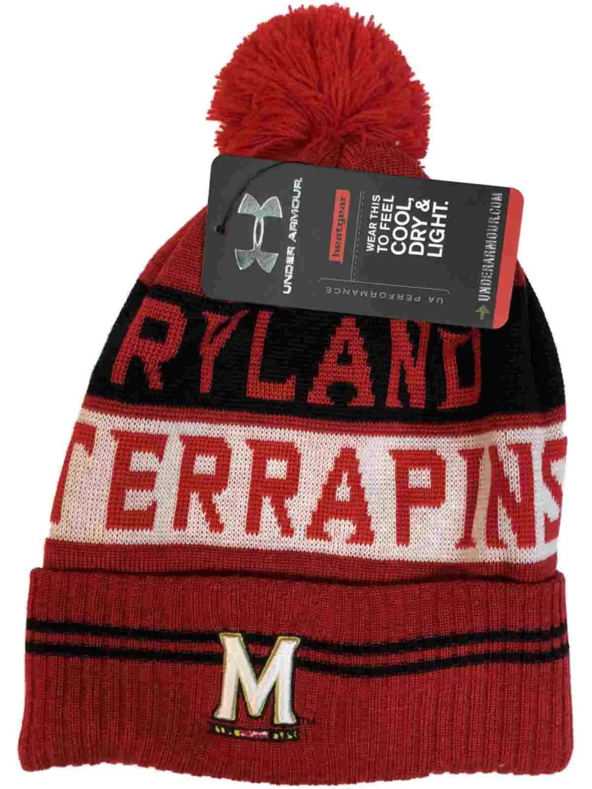 Maryland Terrapins Under Armour Red Sideline Pom Pom Beanie Hat Cap