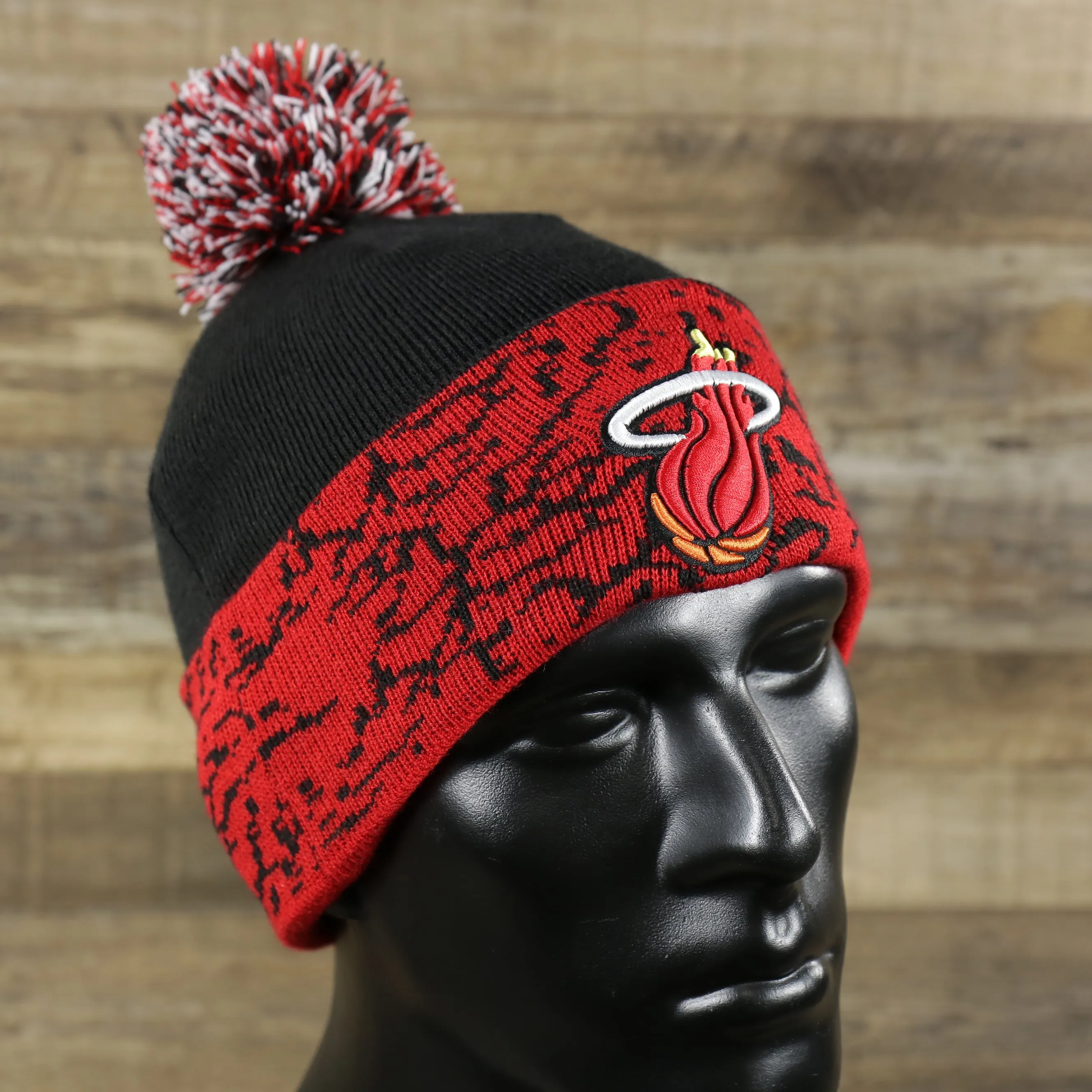 Miami Heat Black and Red Winter Beanie with Cuffed Chaos Pom Pom