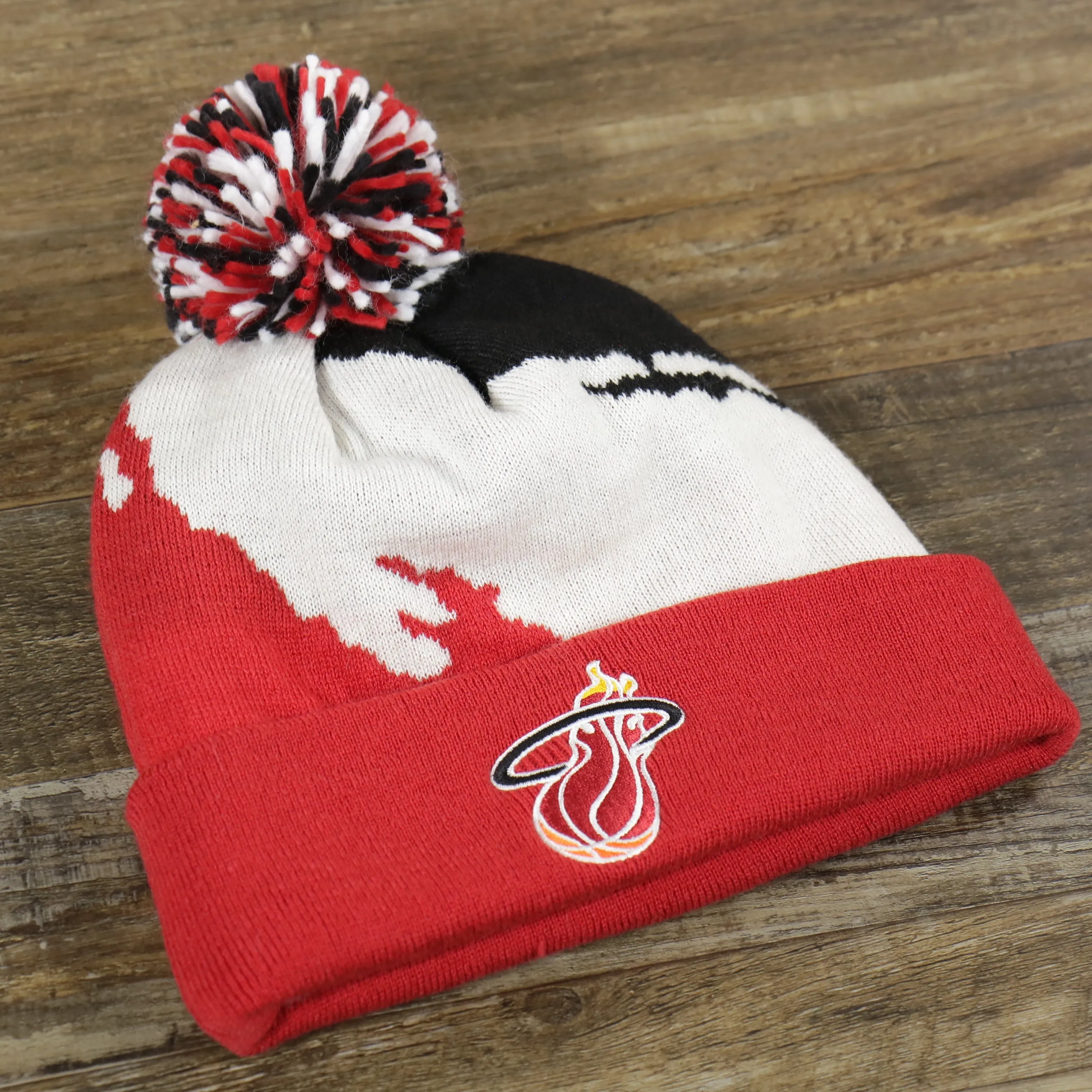 Miami Heat Winter Beanie with Pom Pom - Black, Gray & White Cuffed Beanie