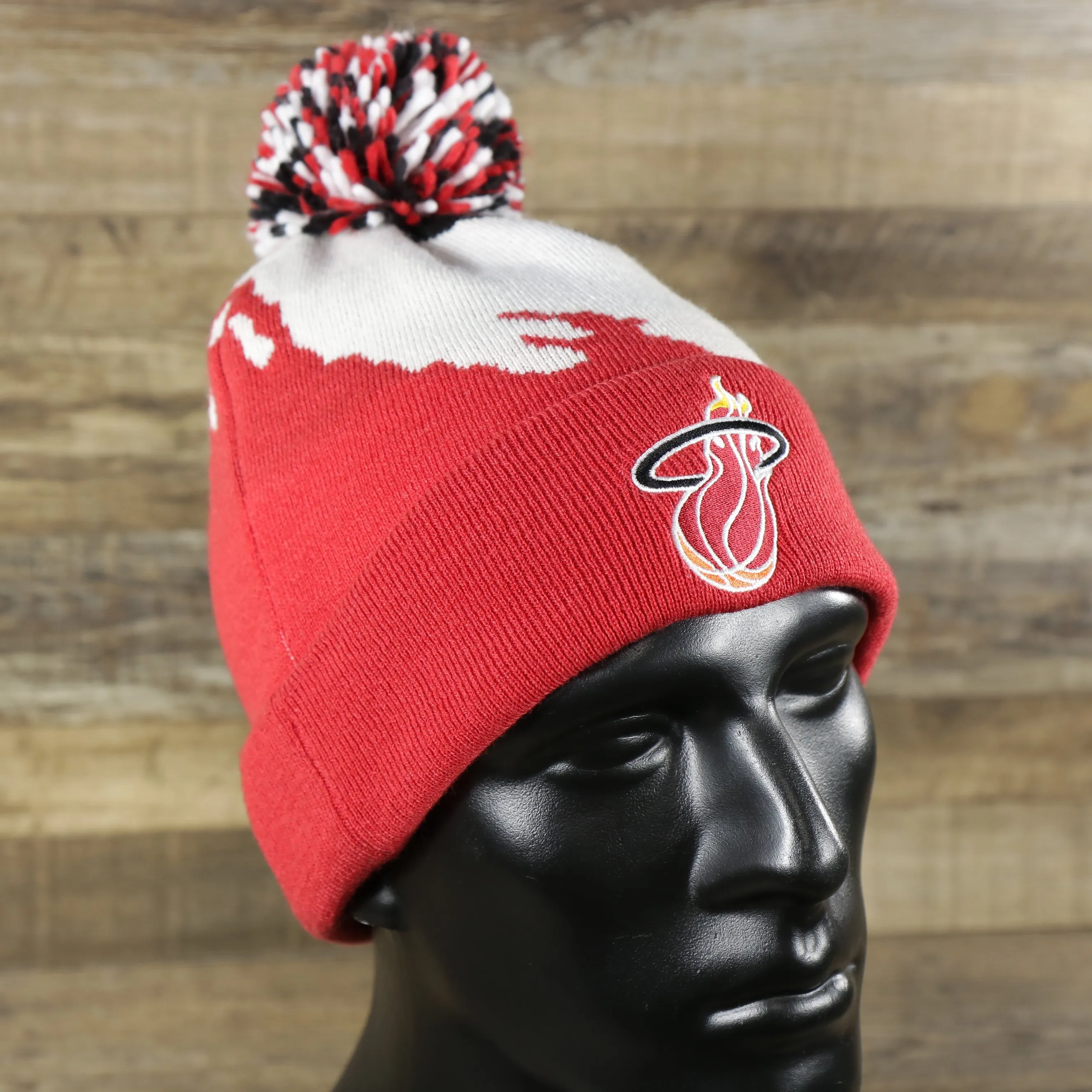 Miami Heat Winter Beanie with Pom Pom - Black, Gray & White Cuffed Beanie