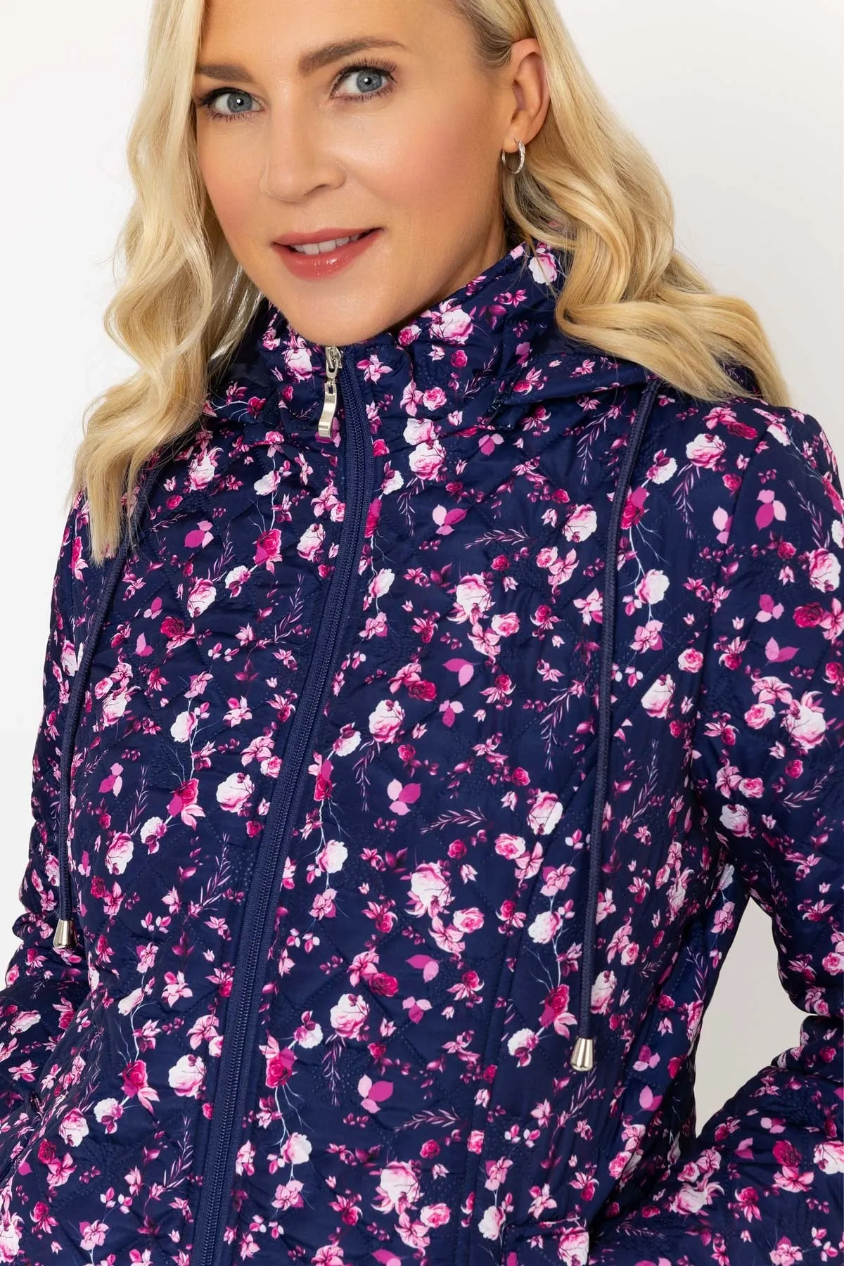 Navy Floral Print Ultrasonic Quilt Jacket