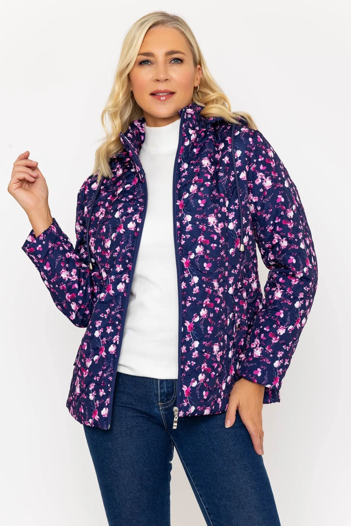 Navy Floral Print Ultrasonic Quilt Jacket