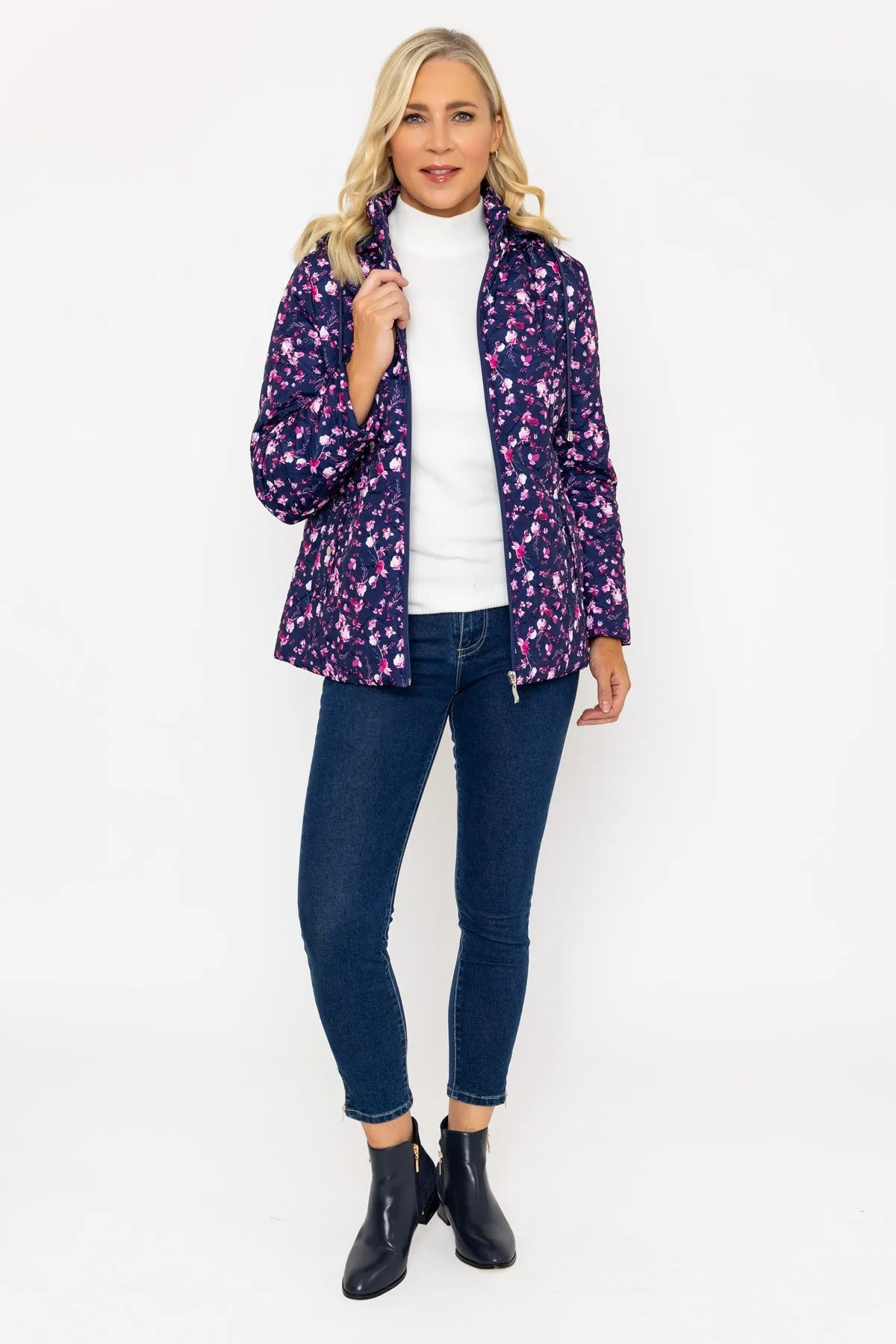 Navy Floral Print Ultrasonic Quilt Jacket