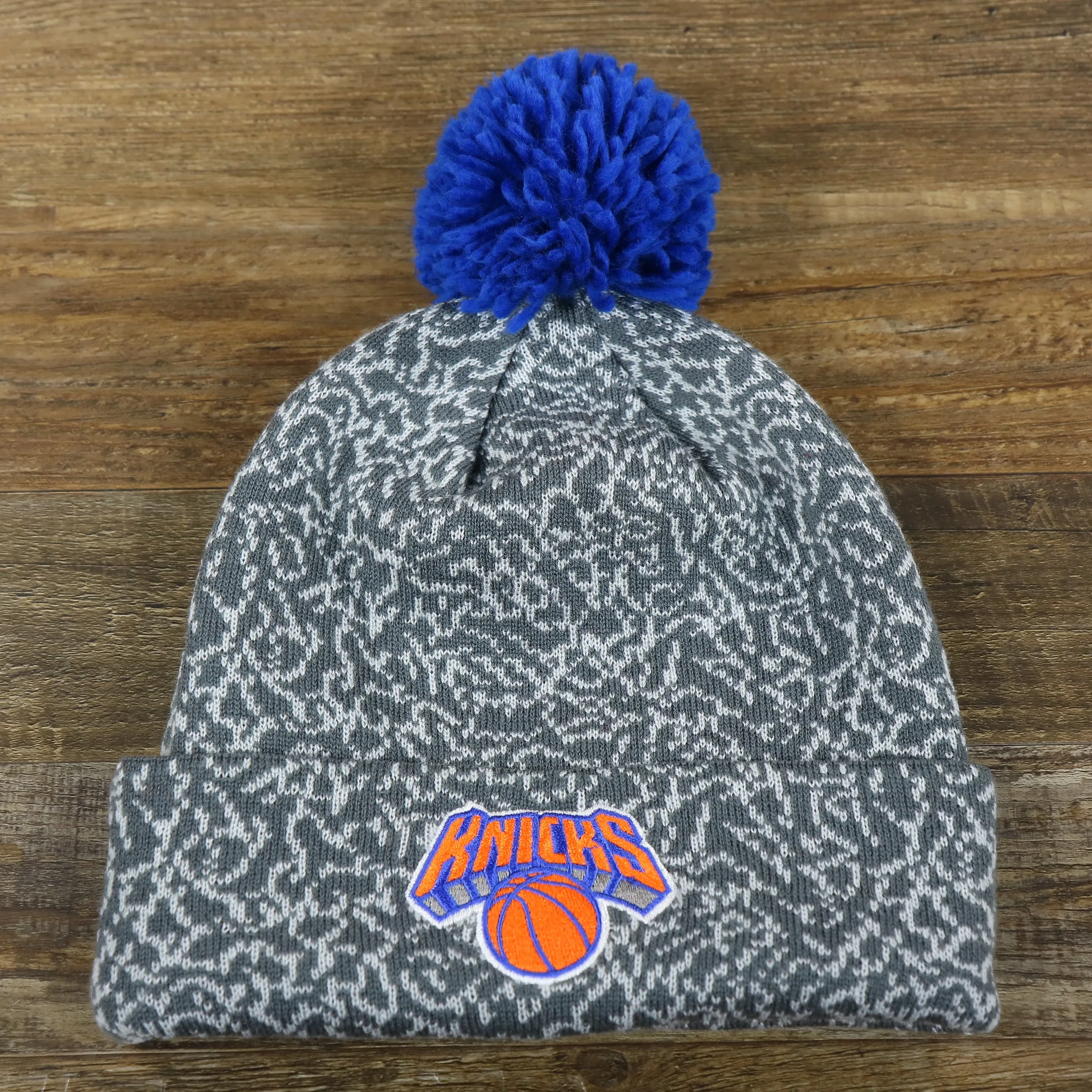 New York Knicks Jordan 3 Concrete Print Winter Beanie With Pom Pom | Gray Winter Beanie