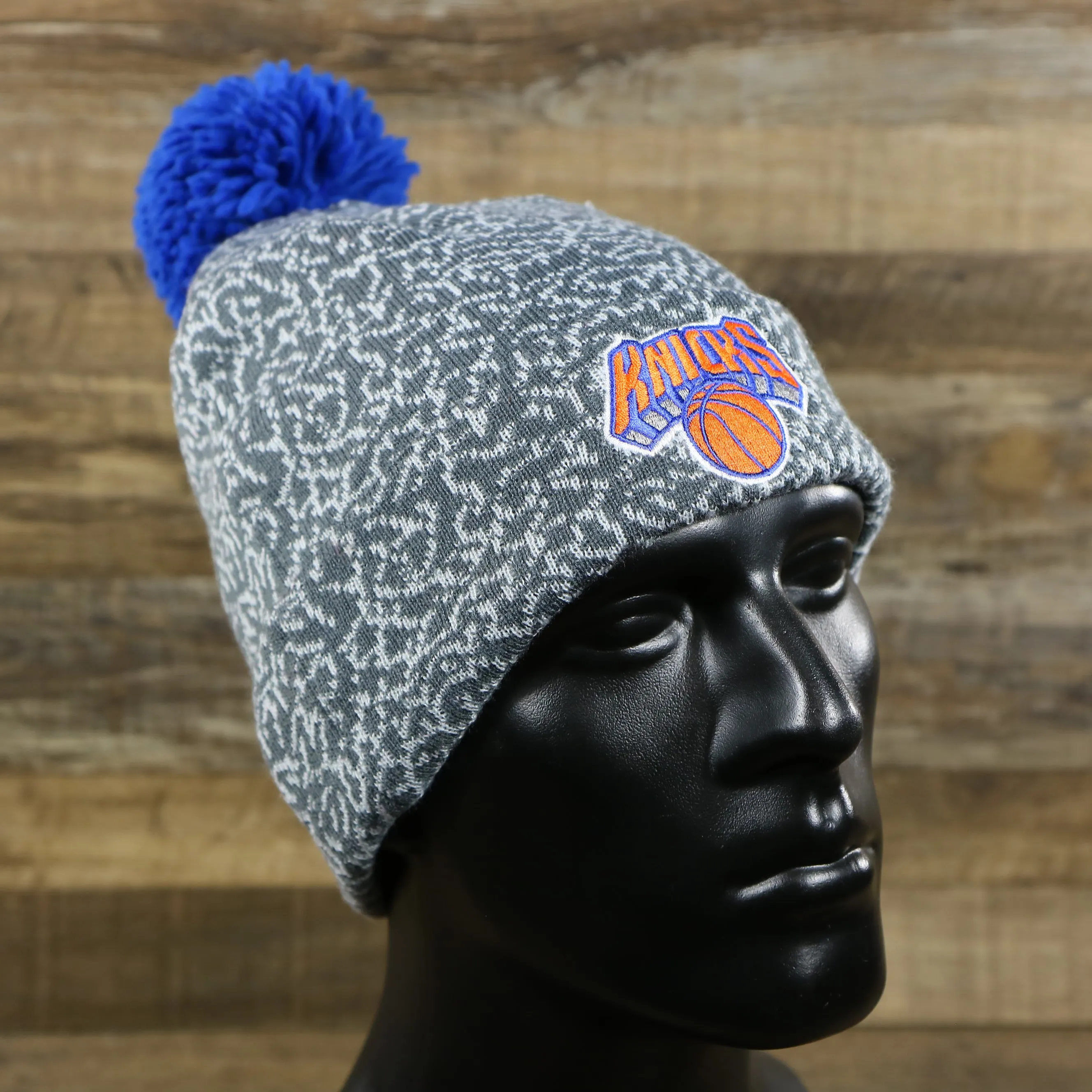 New York Knicks Jordan 3 Concrete Print Winter Beanie With Pom Pom | Gray Winter Beanie