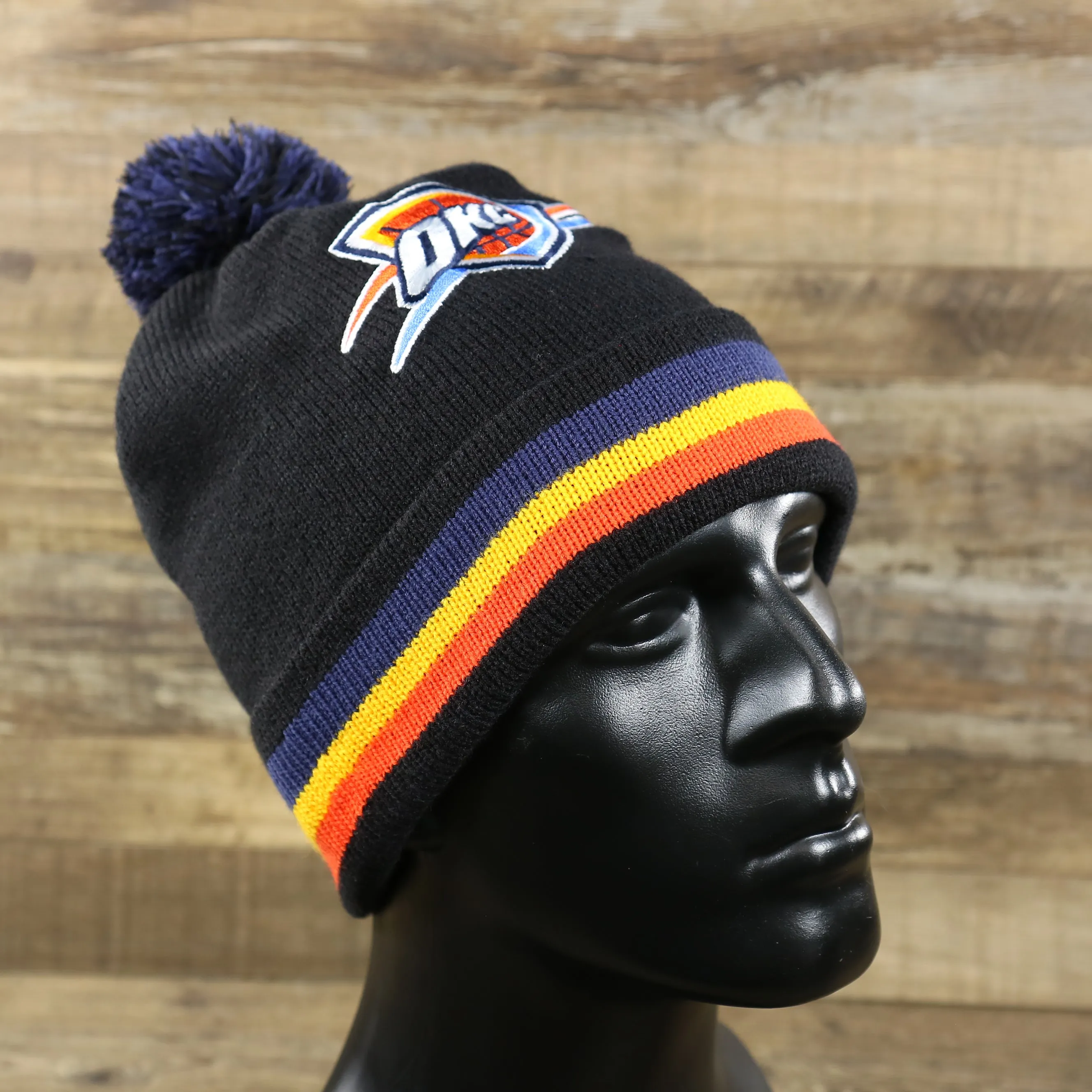 Oklahoma City Thunder Winter Beanie - Blackout Knit with Multi Colored Pom Pom | Black Beanie