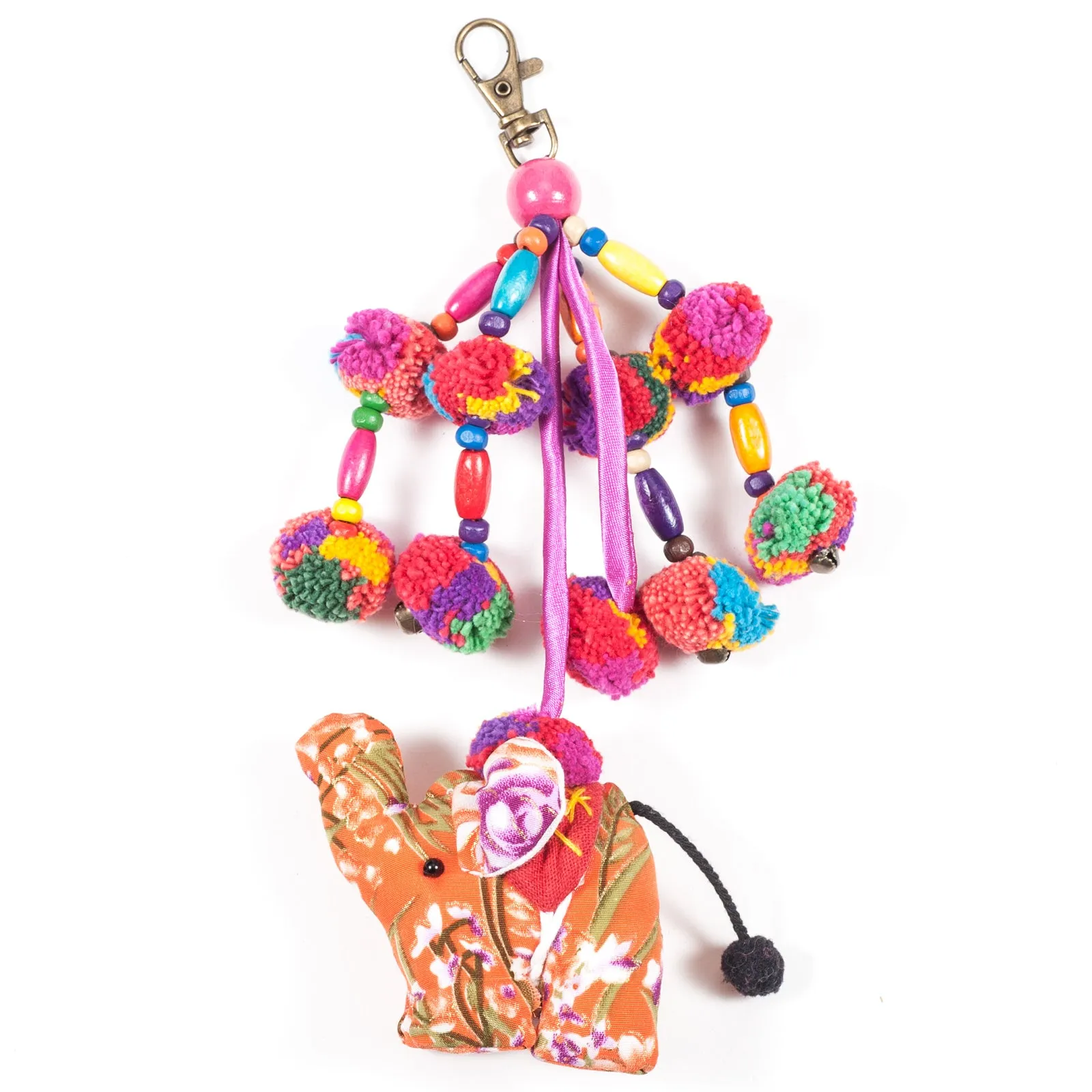 Orange Elephant Zipper Pull With Pom-Poms (Thailand)