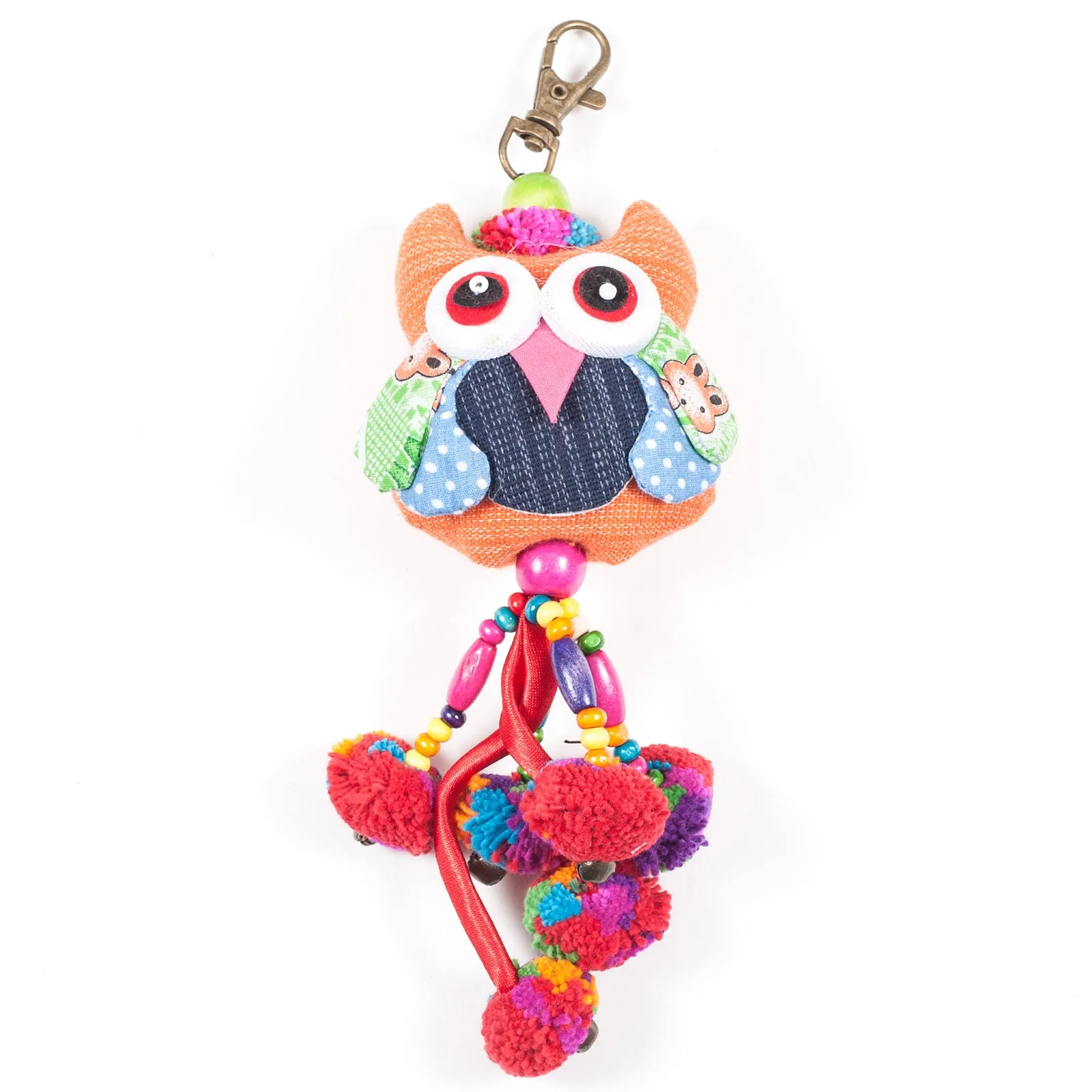 Orange Owl Zipper Pull With Pom-Poms (Thailand)