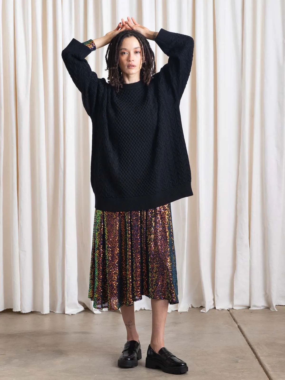 Oversized Cable Knit Sweater - Black