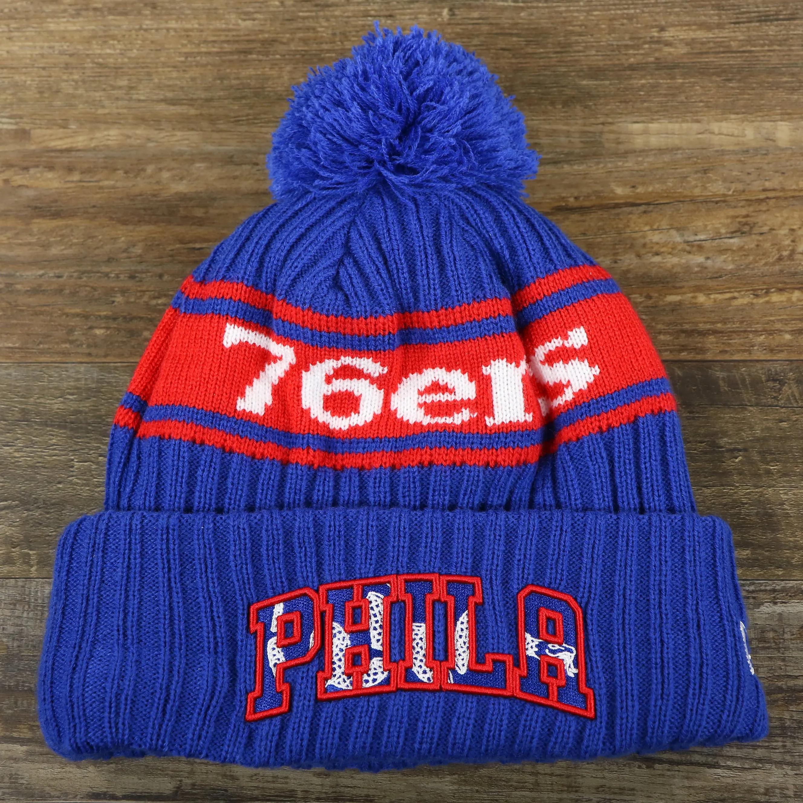 Philadelphia 76ers Knit Hat - Phila Arch Lettering Join Or Die Snake NBA Draft Striped Beanie (Royal Blue and Red)