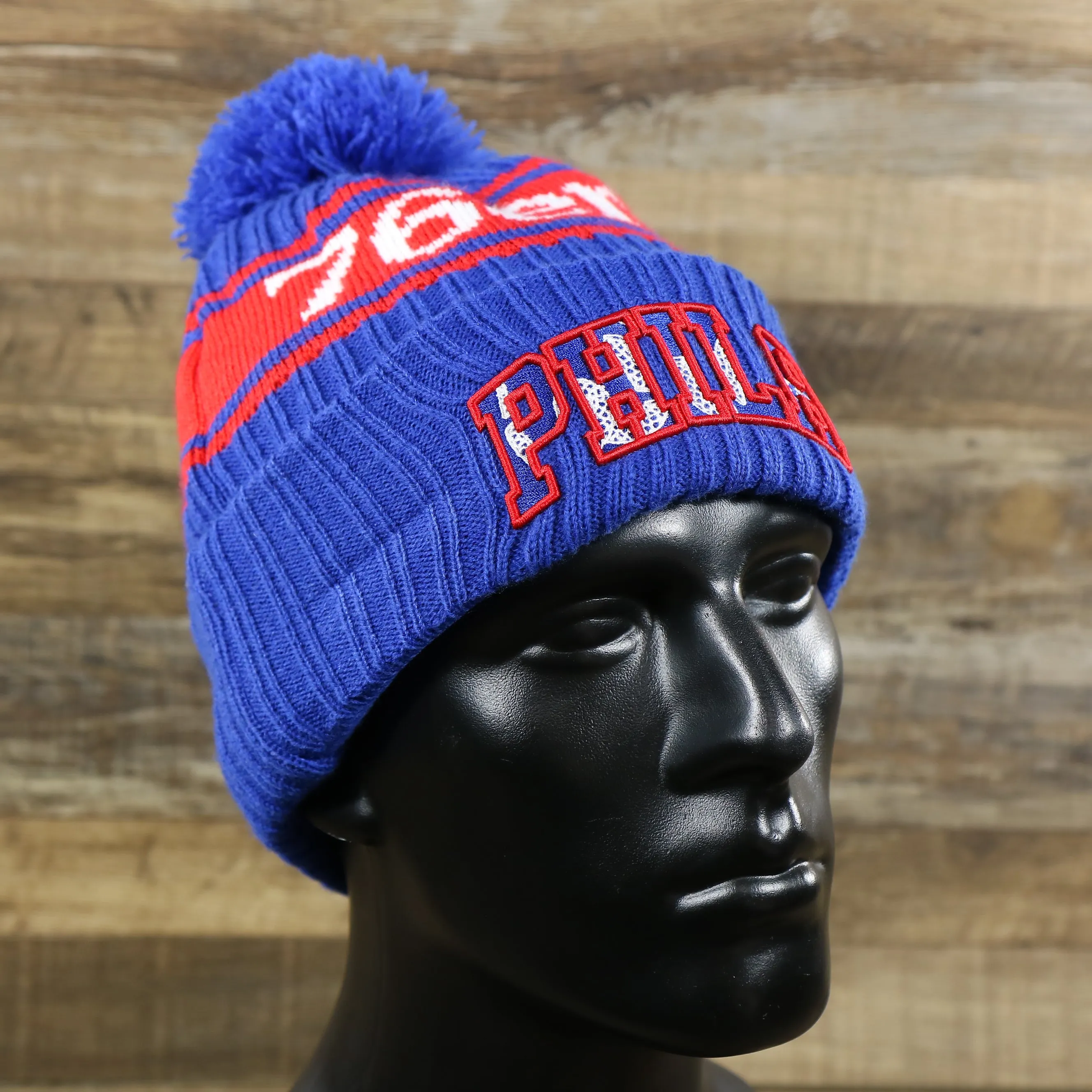 Philadelphia 76ers Knit Hat - Phila Arch Lettering Join Or Die Snake NBA Draft Striped Beanie (Royal Blue and Red)