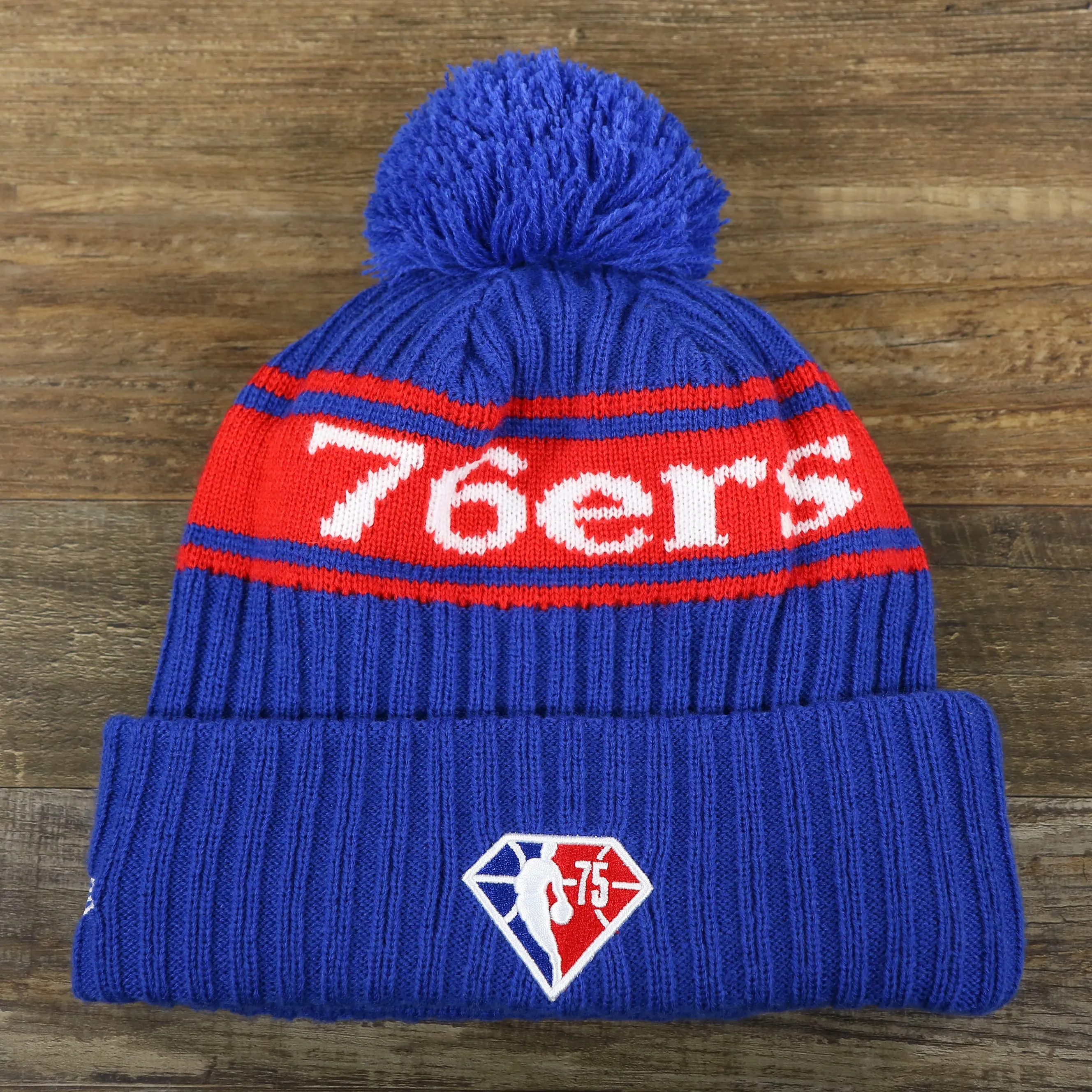 Philadelphia 76ers Knit Hat - Phila Arch Lettering Join Or Die Snake NBA Draft Striped Beanie (Royal Blue and Red)