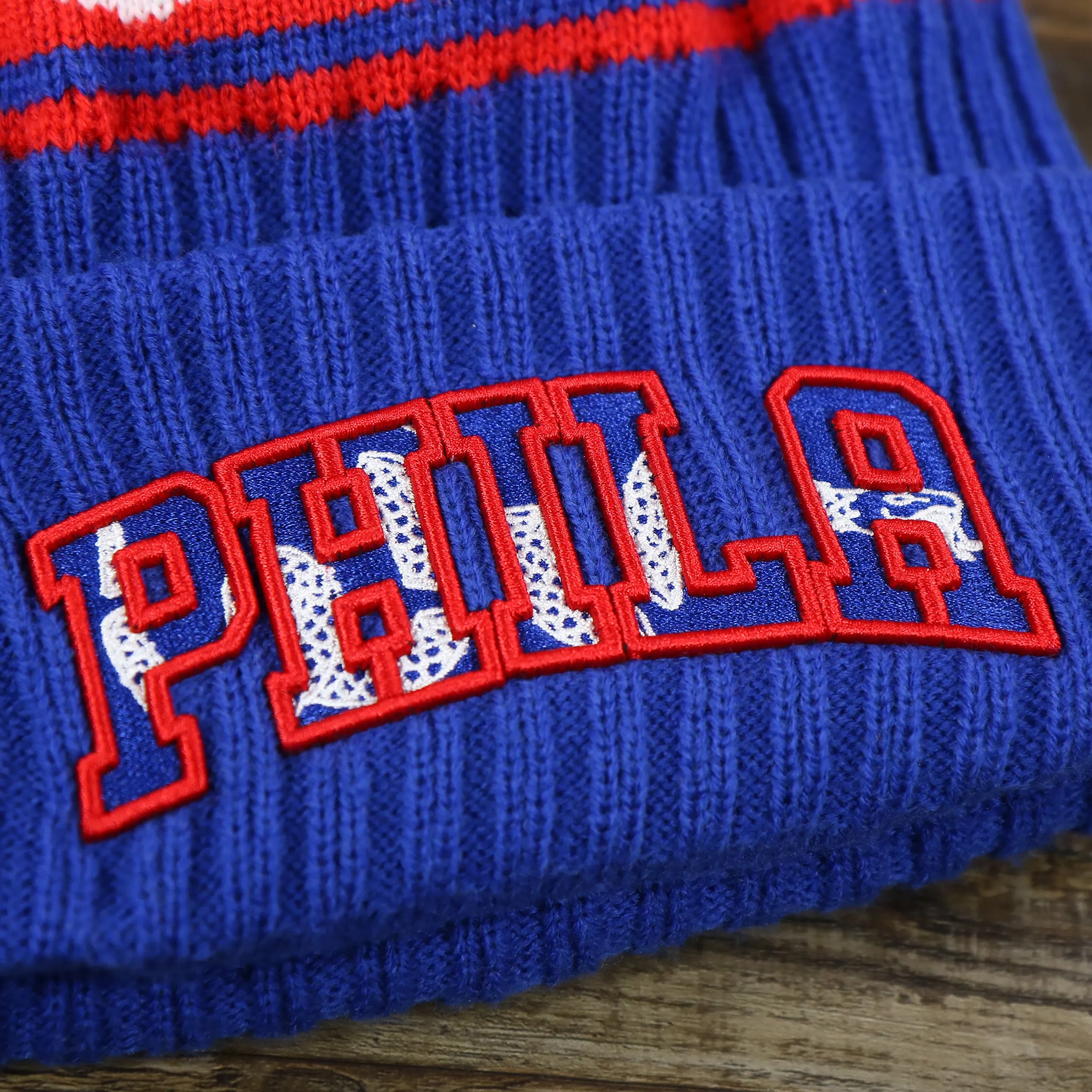 Philadelphia 76ers Knit Hat - Phila Arch Lettering Join Or Die Snake NBA Draft Striped Beanie (Royal Blue and Red)