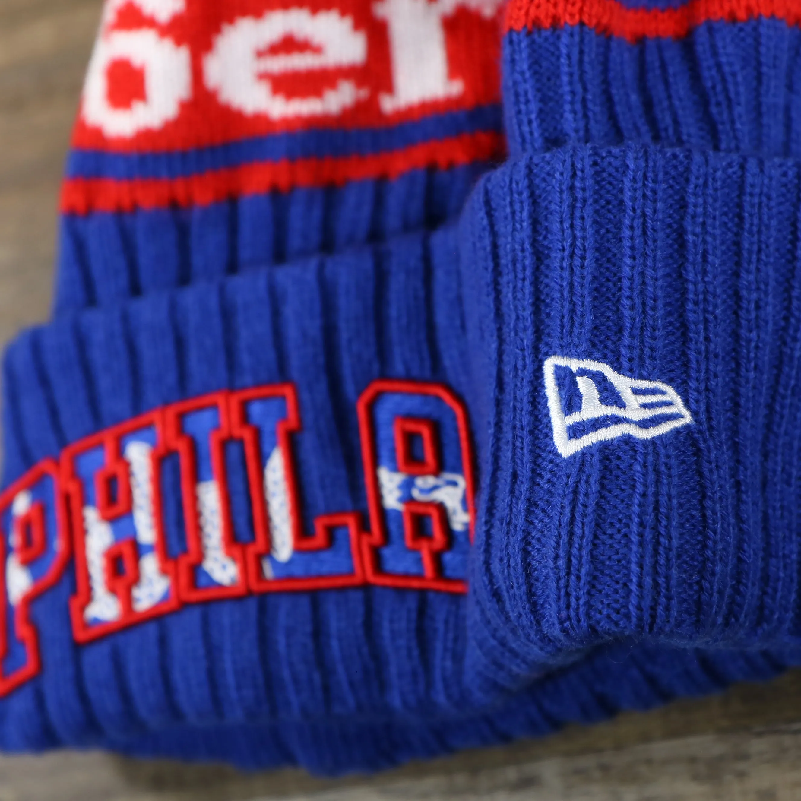 Philadelphia 76ers Knit Hat - Phila Arch Lettering Join Or Die Snake NBA Draft Striped Beanie (Royal Blue and Red)